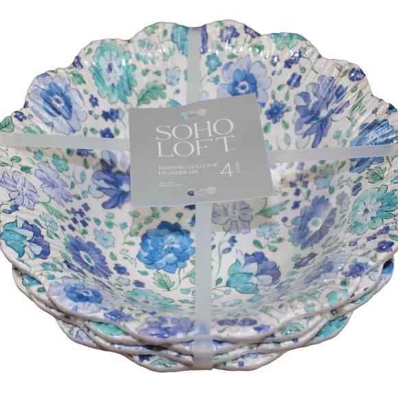 Soho Loft Blue White Flower Floral Scalloped Melamine 8" Soup Bowl Set of 4 NWT - Picture 1 of 5